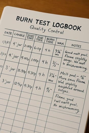 Burn test qeydləri olan dəftərin yaxın plan görüntüsü və yanıqlı şam