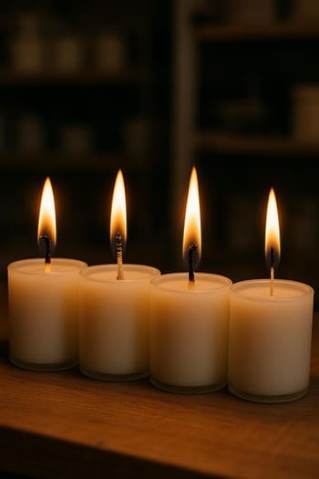 Masanın üstündə müxtəlif fitil uzunluğunda test şamları sırası