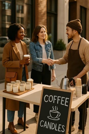 Kafedə pop-up masa, üzərində Craft&Glow şamları və menyu kartları