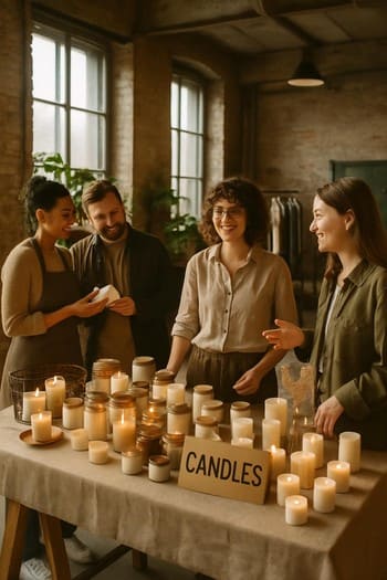 Loft marketdə Craft&Glow stendi, şamlar və diffuzorlarla vitrin