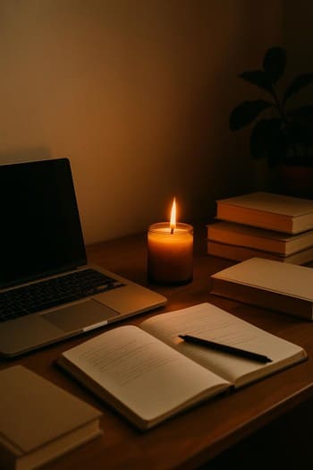 İş masasında laptop, dəftər və yanında pinco şamı ilə studiya hekayəsi