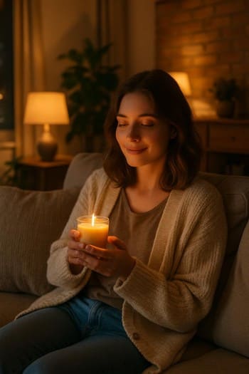 Qonaq otağında divan, plaed və masada yanan şam ilə cozy kadr