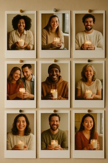 Divarda şamlarla çəkilmiş müxtəlif ev kadrlarının polaroid kollajı