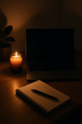 Laptop, dəftər və şam işığında yazılan gecə studiya qeydləri