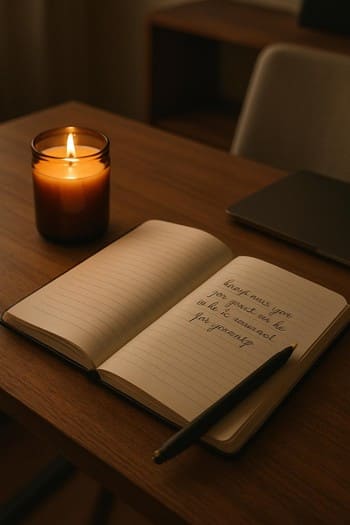 Açıq studiya dəftəri, yanında qələm və yanan şam