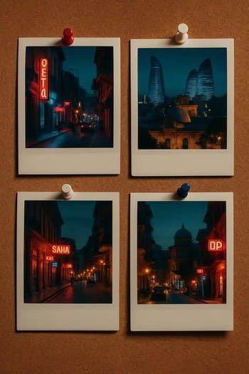 Bakı axşam kadrları olan polaroid fotolar və kiçik şam