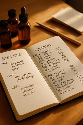 Ətir reseptləri yazılmış dəftər və yanında ətir yağları flakonları