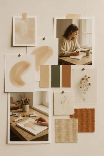 Divarda pinitlənmiş fotoşəkillər, rəng nümunələri və ətir qeydləri