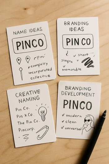 Pinco və pin co adları yazılmış eskiz kartları və rəng nümunələri