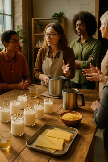 Açıq studiya günündə masa ətrafında toplaşmış qonaqlar və şam materialları