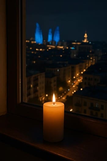 Bakı gecə mənzərəsi fonunda pəncərə önündə yanan şam