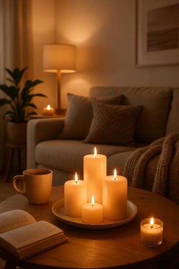 Ev divanında plaed, kitab və masada yanan şamlarla cozy axşam kadrı