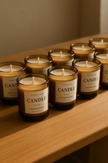 Etiketlənmiş şamların bir sırada studiya masasının üstündə düzülməsi