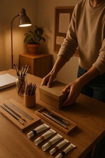 Axşam studiyada masa üstündə qablar, parça və yığılmış şamlar