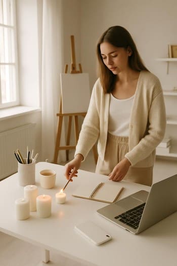 Səhər studiya masasında qeydlər, rəng nümunələri və kiçik şam