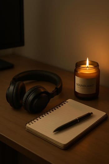 Qulaqcıq, dəftər və yanında yanan şam ilə playlist hazırlama kadrı