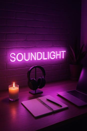 Neon işıq lentləri ilə işıqlandırılmış studiya masası və şam nümunələri