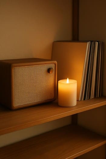 Rəfdə kiçik səsucaldan, şam və vinil plastinkalarla studiya küncü