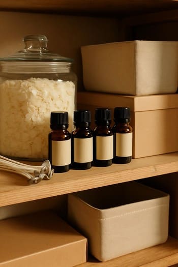 Rəfdə mumu paketləri, fitillər və şüşə qablarla studiya materialları