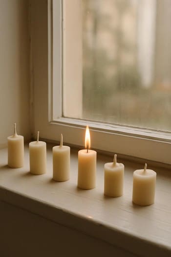 Pəncərə önündə sınaq üçün düzülmüş müxtəlif ətirli şamlar sırası