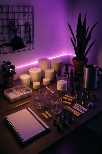 Craft&Glow studiyasında iş masası, şam nümunələri və neon işıq