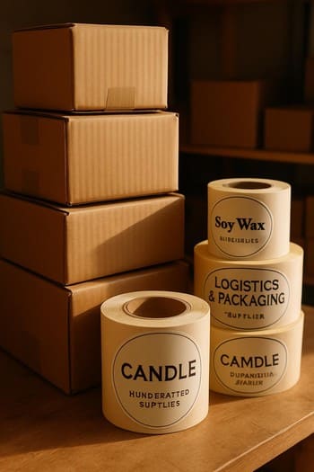 Kraft qutular, etiket rulonları və markalanma alətləri ilə stol