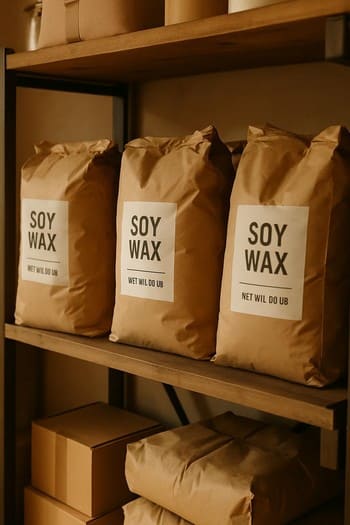 Rəfdə paketlənmiş soya mumu, fitillər və qeydlərlə işarələnmiş qutular