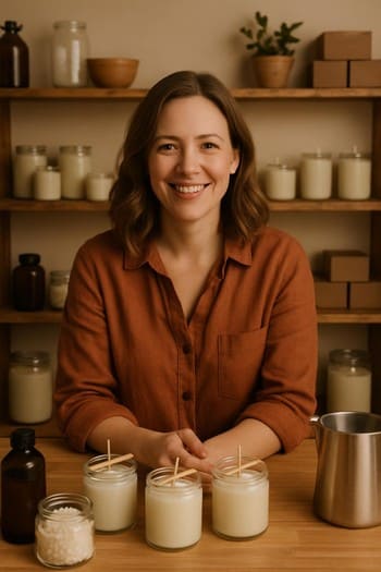 Craft&Glow təsisçisinin studiyada şam qabı tutduğu portreti