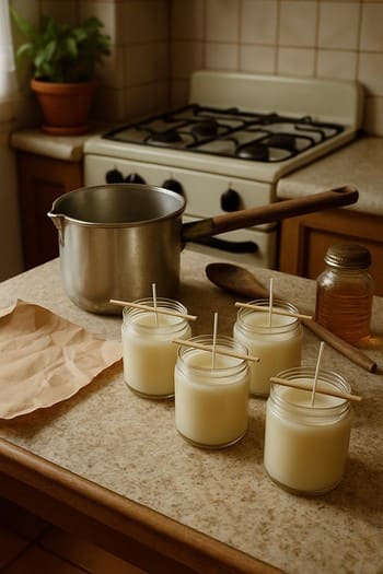 Mətbəx masasının üzərində ilk əl işi şamlar və qeydlər