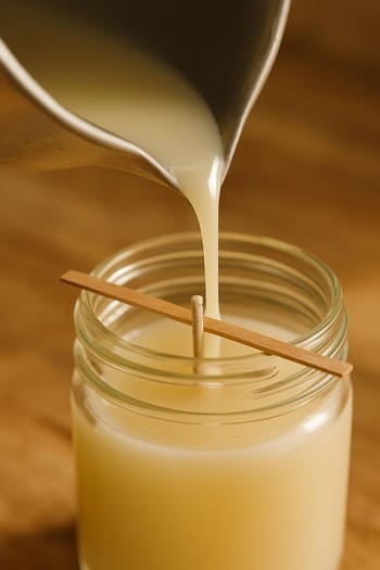 Təmiz soya mumu qabına tökülərkən yaxın plan görüntü