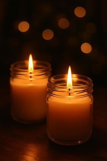 Loft fonunda dərin rəngli pin co şamları və bokeh işıqlar