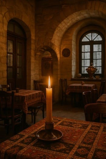 Köhnə şəhər kafesində masada yandırılmış şam və daş divar fonu