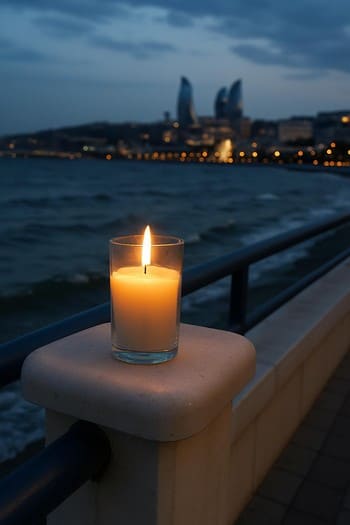 Bakı dənizkənarı bulvarda məhəccərdə yanan şam və arxada dəniz