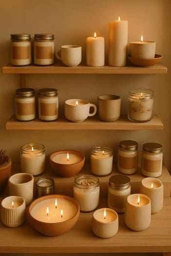 İsti işıq altında şam rəfi və diffuzorlarla Craft&Glow kadrı