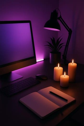 Studiyada iş masasının üstündə şam nümunələri və neon işıq