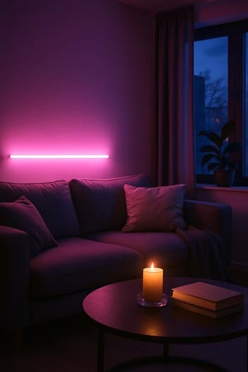 Axşam divanda plaed, şam və uzaqda neon işıqlar fonunda kadr