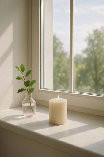 Səhər pəncərə önündə kitab, fincan və yanında yandırılmış pinco şamı