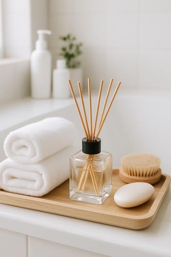 Vanna kənarında tablada diffuzor, dəsmallar və kiçik şam