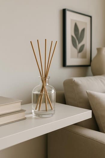 Qonaq otağı rəfində şüşə diffuzor və yanında kitablar