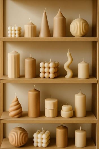 Rəfdə bir neçə fərqli ölçüdə şam və diffuzor kolleksiyası