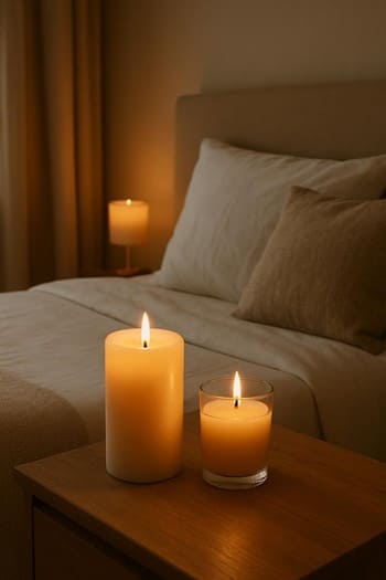 Yataq otağında pəncərə önündə iki fərqli ətirli şam və yumşaq işıq