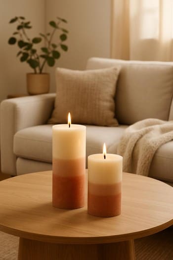 Jurnal stolunda iki fərqli şam, kitab və fincan ilə cozy layer kompozisiyası