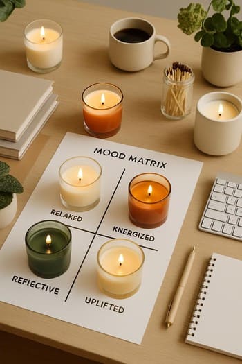 İş masasında şamlar, noutbuk və mood qeydləri ilə kiçik kolaj