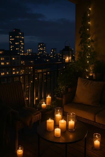 Şəhərə baxan balkonda yandırılmış şamlar və uzaqda işıqlı binalar