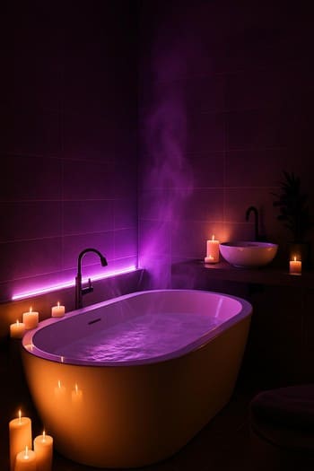 Neon işıq əks olunan vanna otağı, buxar və kənarında pin co şamı