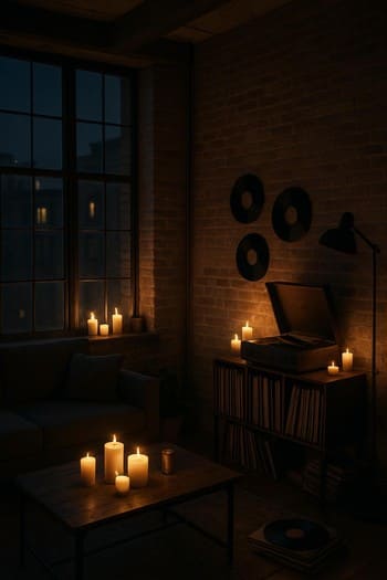 Loft otaqda pikap, vinil plastinkalar və yanında pin co şamı