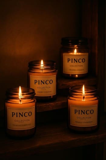 Rəfdə pastel pinco şamları və tünd pin co şamları birlikdə düzülmüş kolleksiya görünüşü