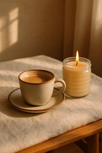 Qəhvə fincanı, desert və yanında şam olan stol kompozisiyası