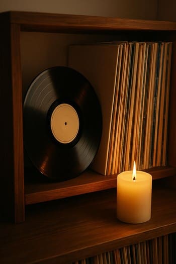 Vinil plastinkalar, pikap və yanında yanan şam ilə loft rəf