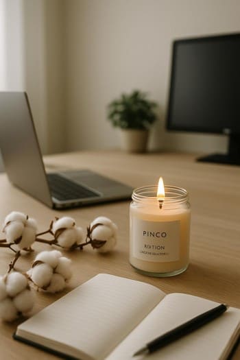 İş masasında dəftər, qələm və yanında pambıq notlu pinco şamı